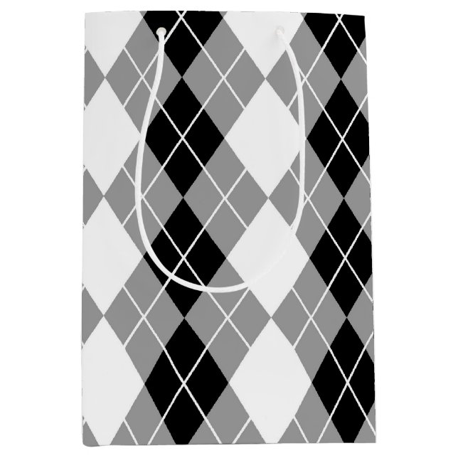 Grey Black White Argyle Diamond Design  Medium Gift Bag (Front)