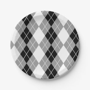 Grey Black White Argyle Diamond Design Paper Plate
