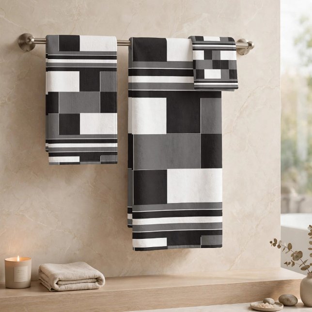 Grey Black White Check Stripes Pattern Bath Towel Set (Creator Uploaded)