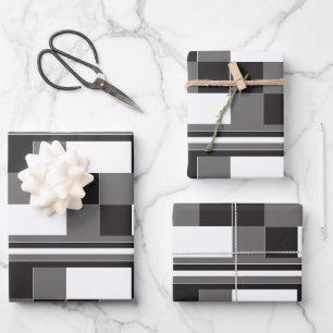 Grey Black White Check Stripes Pattern Wrapping Paper Sheet