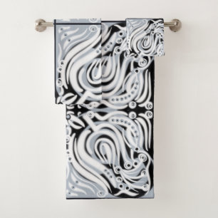 Grey Black White Curly Abstract Pattern Bath Towel Set