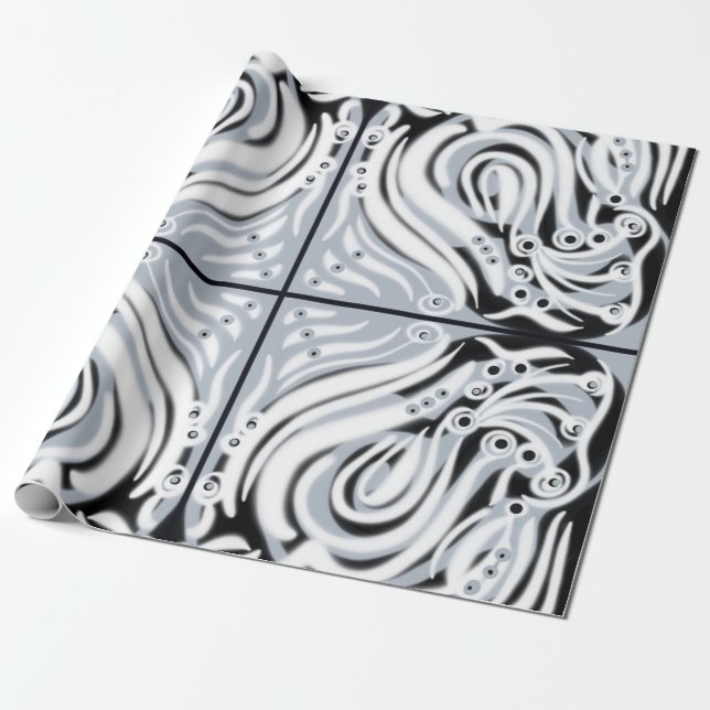 Grey Black White Curly Abstract Pattern  Wrapping Paper (Unrolled)