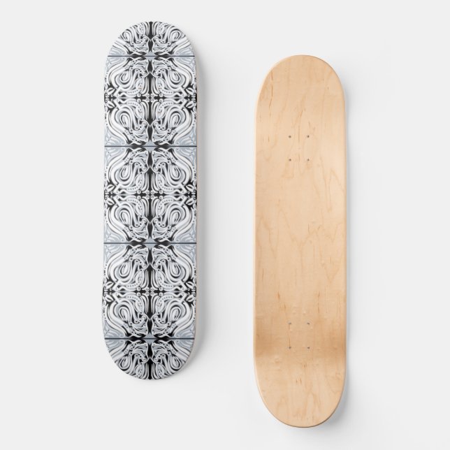 Grey Black White Curly Abstract Repeat Pattern  Skateboard (Front)