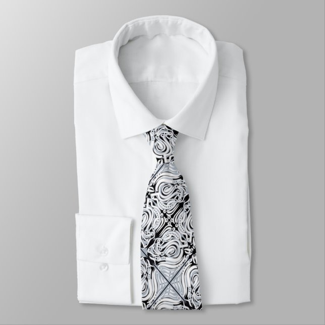 Grey Black White Curvy Abstract Repeat Pattern  Tie (Tied)