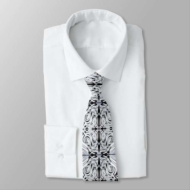 Grey Black White Curvy Abstract Repeat Pattern  Tie (Tied)