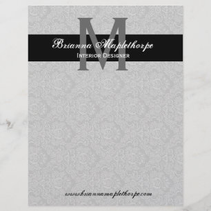 Grey Black White Damask Monogram Letterhead Design