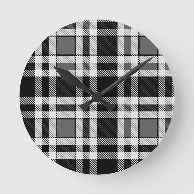 Grey Black White Flannel Plaid Tartan Design  Round Clock (Front)