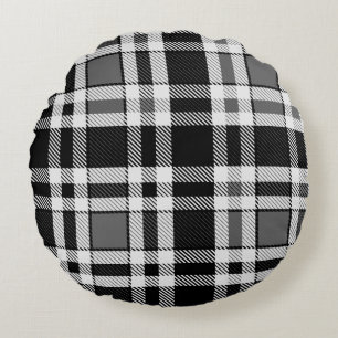 Grey Black White Flannel Plaid Tartan Design  Round Cushion