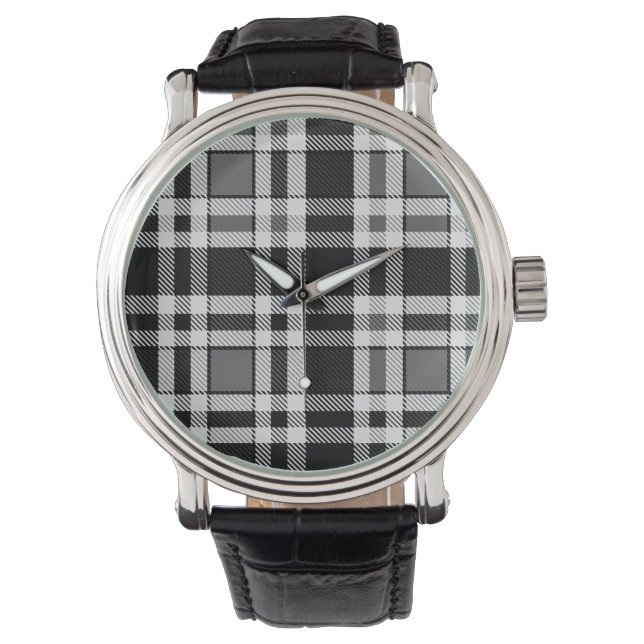 Grey Black White Flannel Plaid Tartan Design  Watch (Front)