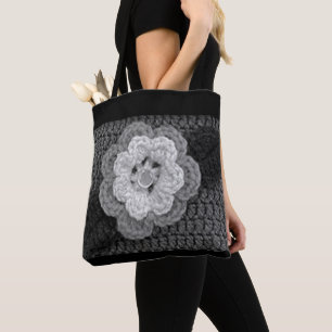 Grey Black White Flower Artisan Crochet Print Tote Bag