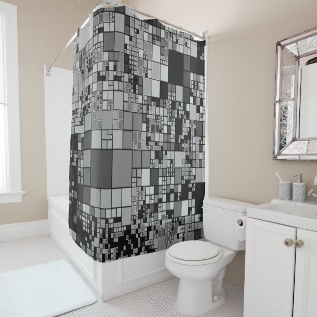 Grey black white geometric art cool shower curtain (In Situ)
