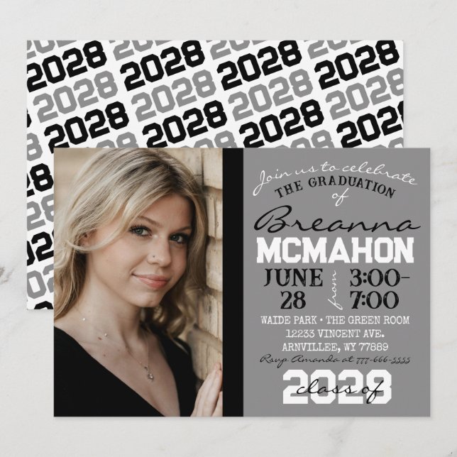 Grey, Black & White Graduation Photo Invitation (Front/Back)