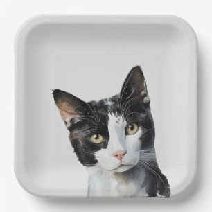 Grey Black White Kitty Cat Paper Plate