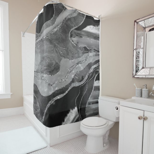 Grey Black White Marble Agate Silver Glitter #1 Shower Curtain (In Situ)