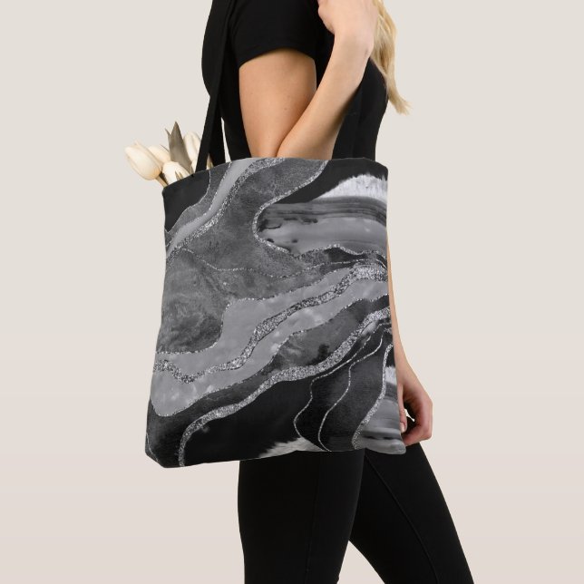 Grey Black White Marble Agate Silver Glitter Glam  Tote Bag (Close Up)