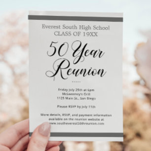 Grey Black White Minimalist 50 Year Class Reunion Invitation