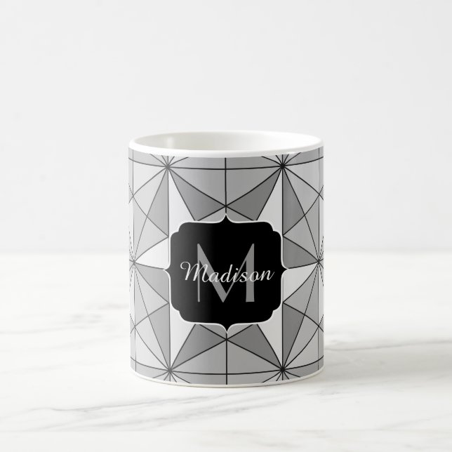 Grey black white Mosaic Triangle Pattern Monogram Coffee Mug (Center)