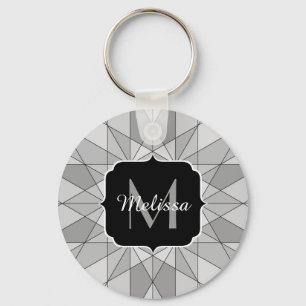 Grey black white Mosaic Triangle Pattern Monogram Key Ring