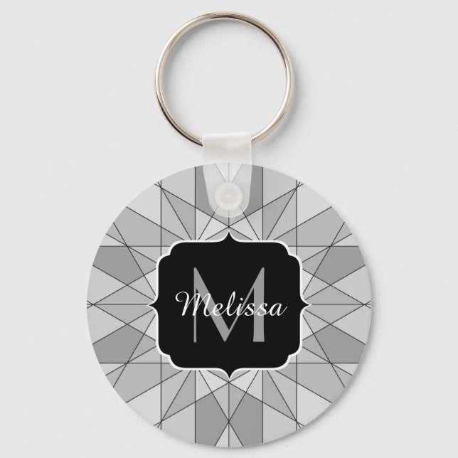 Grey black white Mosaic Triangle Pattern Monogram Key Ring (Front)