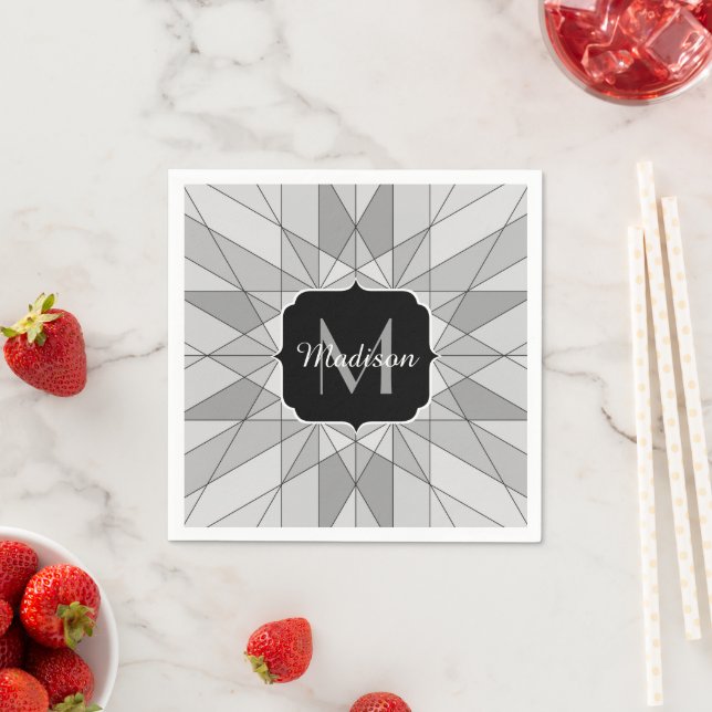 Grey black white Mosaic Triangle Pattern Monogram Napkin (Insitu)