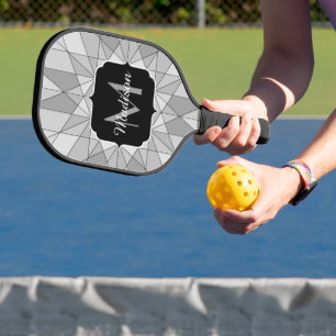 Grey black white Mosaic Triangle Pattern Monogram Pickleball Paddle
