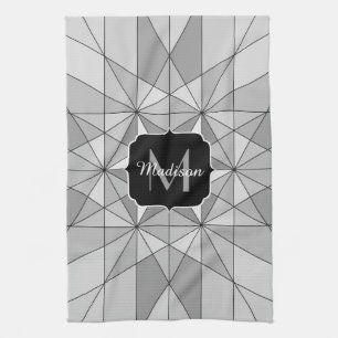 Grey black white Mosaic Triangle Pattern Monogram Tea Towel