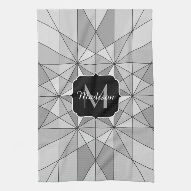 Grey black white Mosaic Triangle Pattern Monogram Tea Towel (Vertical)