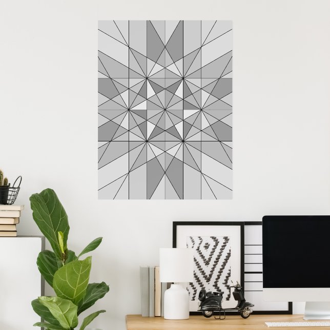 Grey black white Mosaic Triangle retro Pattern Poster (Home Office)