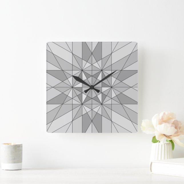 Grey black white Mosaic Triangle retro Pattern Square Wall Clock (Home)