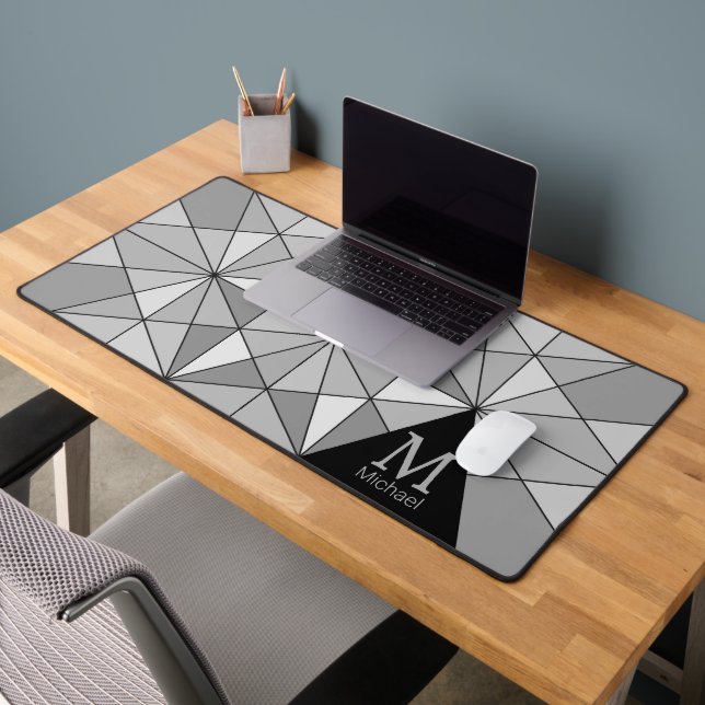 Grey black white retro Mosaic Triangle Monogram Desk Mat (Office 2)