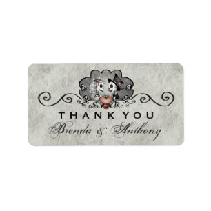 Grey Black & White Skeletons Heart Thank You Label