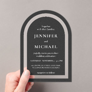 Grey black white text wedding acrylic invitations