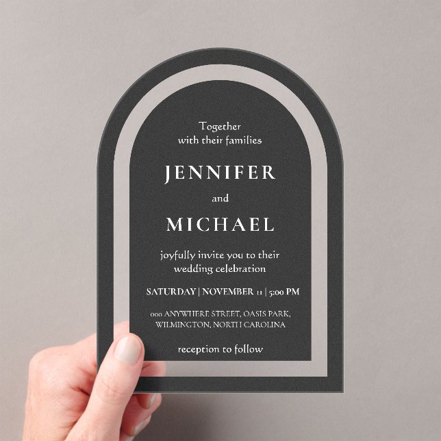 Grey black white text wedding acrylic invitations (Insitu (Handheld))