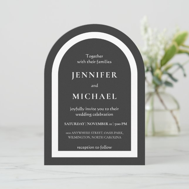 Grey black white text wedding invitation (Standing Front)