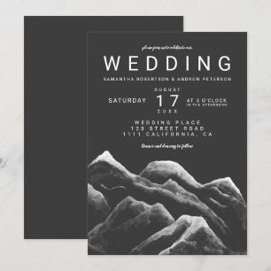 Grey black white watercolor mountains wedding invitation