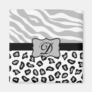 Grey, Black & White Zebra & Cheetah Personalised Magnet