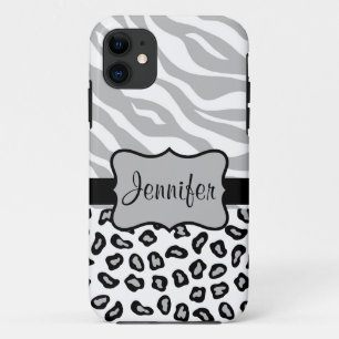 Grey, Black White Zebra Leopard Name Personalised iPhone 11 Case