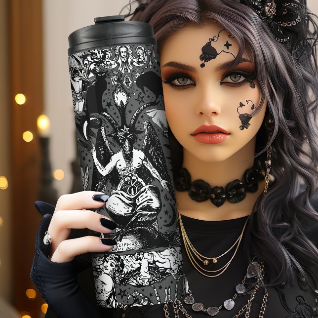 Grey Black Witchy Gothic Victorian Goth Baphomet Thermal Tumbler (If you love all things witchy and alternative, this is the flask for you. Cats, Bats and Baphomet.)