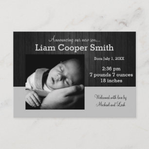 Grey/Black Wood w/ Photo - 3x5 Birth Announcement