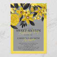 Grey Black Yellow Floral Watercolor Sweet 16