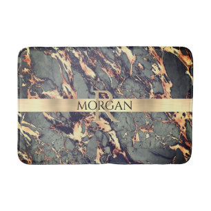 Grey Blk Gold Marble, Lg Gold Stripe Name+Monogram Bath Mat