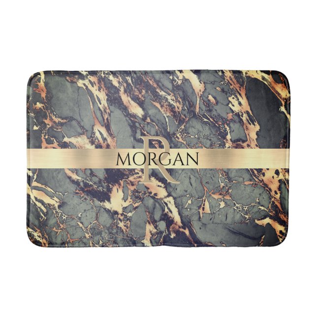 Grey Blk Gold Marble, Lg Gold Stripe Name+Monogram Bath Mat (Front)
