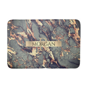 Grey Blk Gold Marble, Sm Gold Stripe Name+Monogram Bath Mat