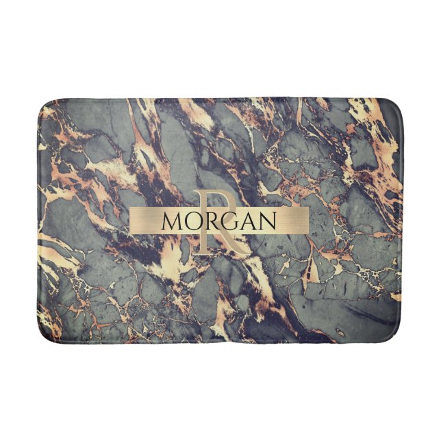 Grey Blk Gold Marble, Sm Gold Stripe Name+Monogram Bath Mat (Front)