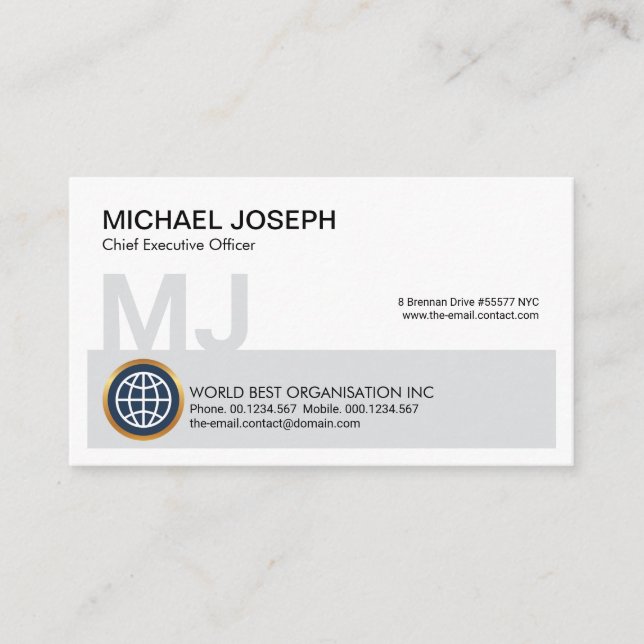 Grey Block Monogram Name Initials CEO Founder Business Card (Front)