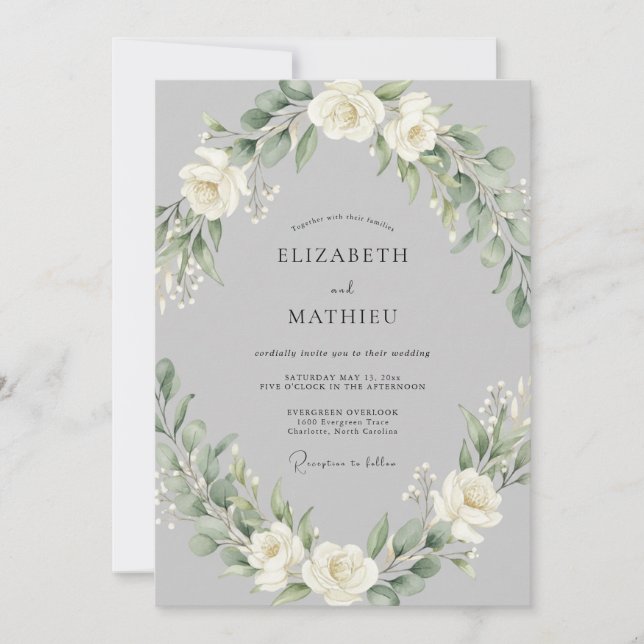 Grey Blossom Garland Wedding Invitation (Front)