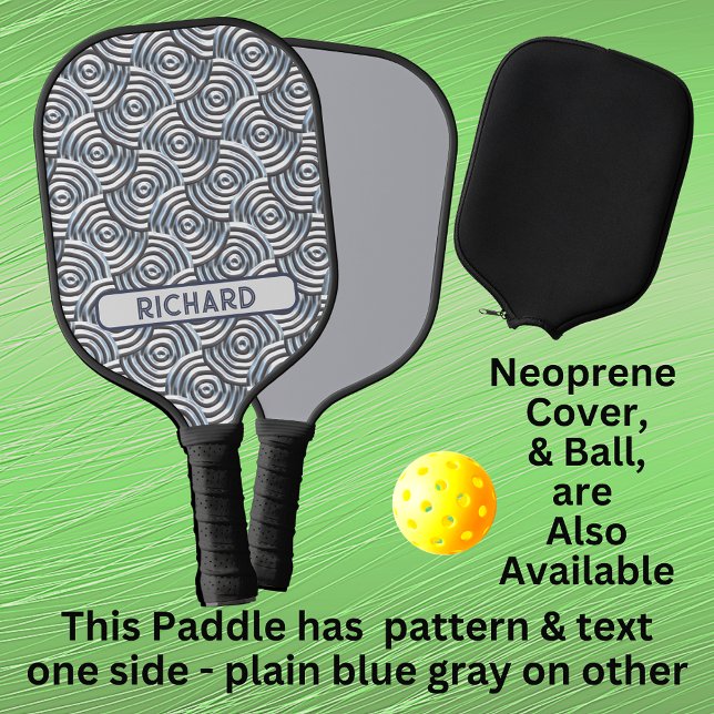 Grey Blue 3D Circles Geometric, Add Name Monogram Pickleball Paddle (Creator Uploaded)