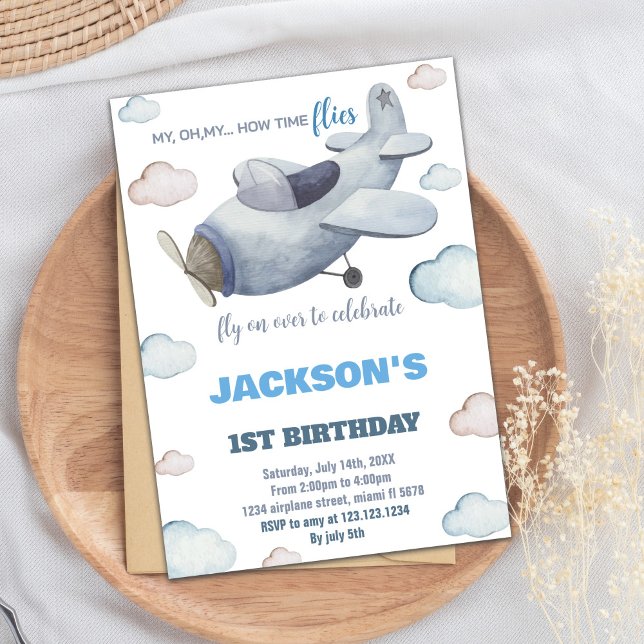 Grey Blue Aeroplane Birthday Invitations (Gray Blue Airplane Birthday Invitations)