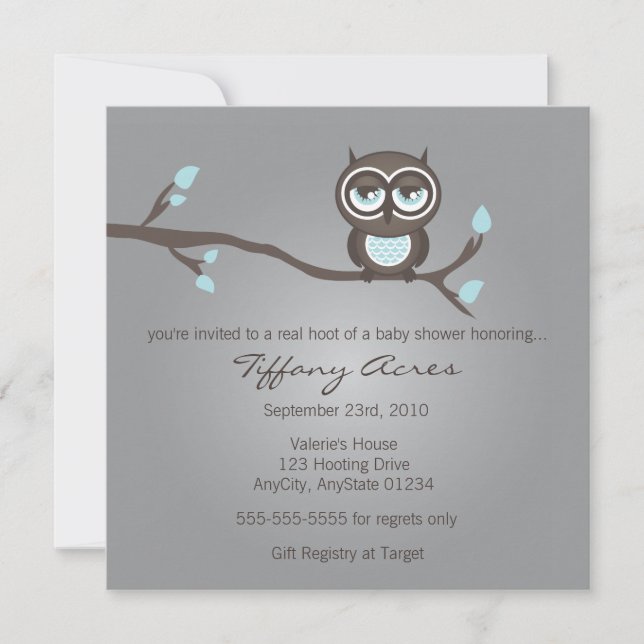 Grey, Blue and Brown Owl Invitation (Front)