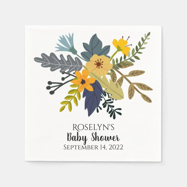 Grey blue and gold bouquet of flowers party  napkin (Front)